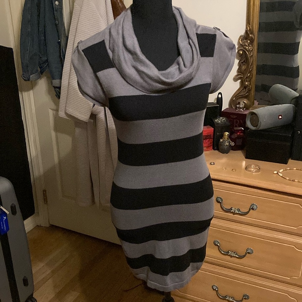 Gray and Black Cowl Neck Sweater with Stripes